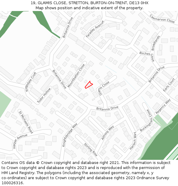 19, GLAMIS CLOSE, STRETTON, BURTON-ON-TRENT, DE13 0HX: Location map and indicative extent of plot
