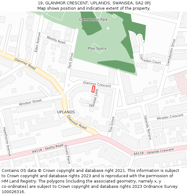 19, GLANMOR CRESCENT, UPLANDS, SWANSEA, SA2 0PJ: Location map and indicative extent of plot