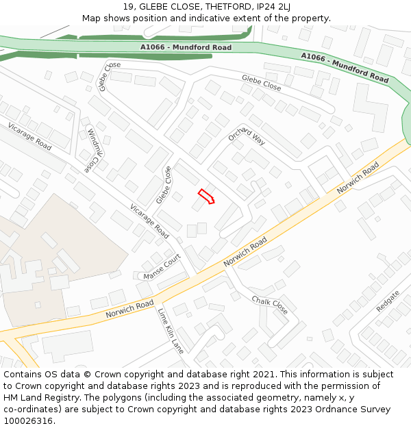 19, GLEBE CLOSE, THETFORD, IP24 2LJ: Location map and indicative extent of plot