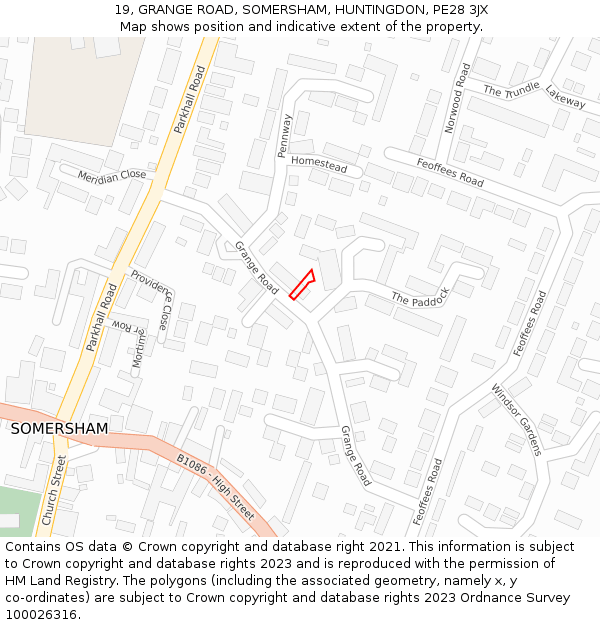 19, GRANGE ROAD, SOMERSHAM, HUNTINGDON, PE28 3JX: Location map and indicative extent of plot