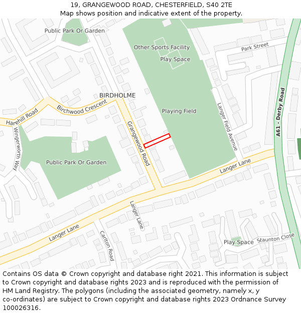 19, GRANGEWOOD ROAD, CHESTERFIELD, S40 2TE: Location map and indicative extent of plot