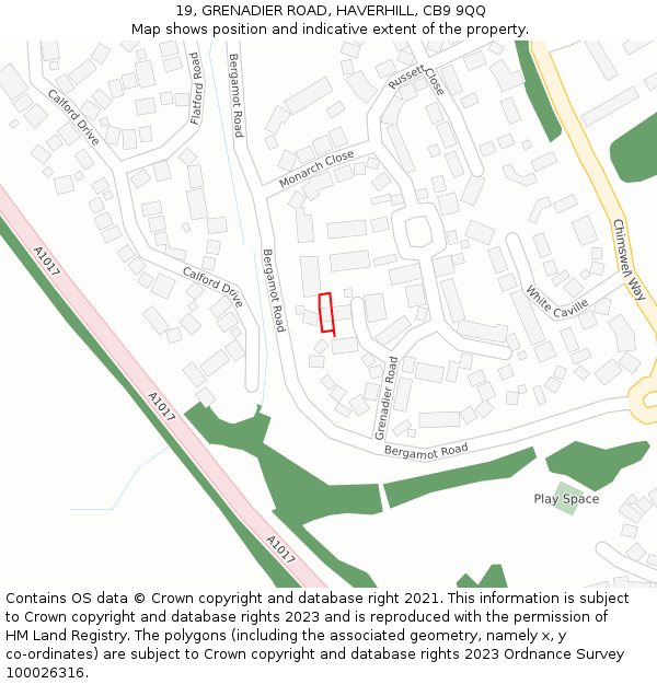 19, GRENADIER ROAD, HAVERHILL, CB9 9QQ: Location map and indicative extent of plot
