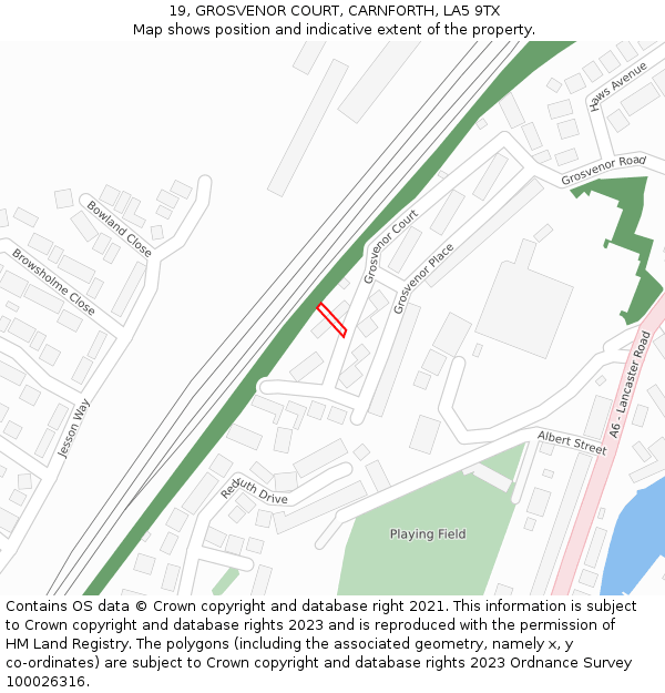 19, GROSVENOR COURT, CARNFORTH, LA5 9TX: Location map and indicative extent of plot