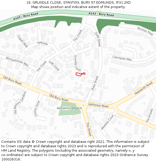 19, GRUNDLE CLOSE, STANTON, BURY ST EDMUNDS, IP31 2XD: Location map and indicative extent of plot