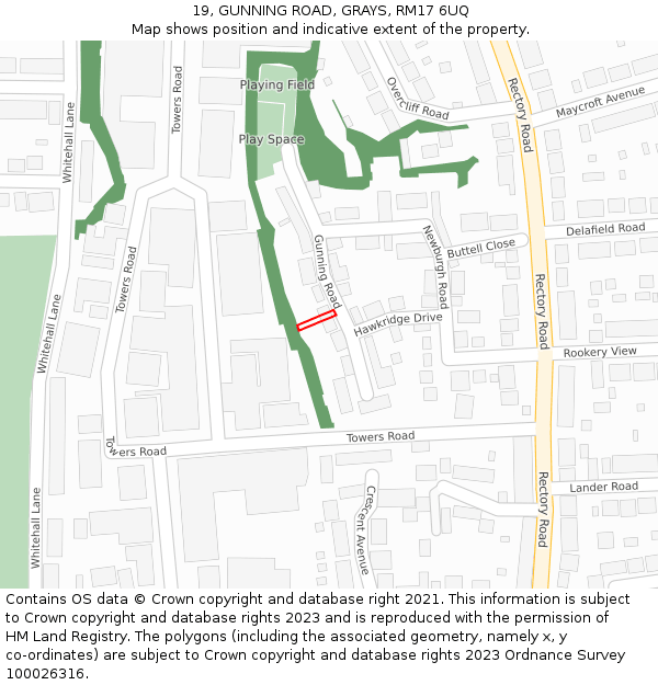 19, GUNNING ROAD, GRAYS, RM17 6UQ: Location map and indicative extent of plot