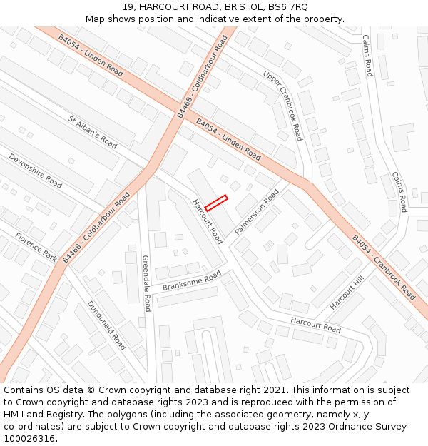 19, HARCOURT ROAD, BRISTOL, BS6 7RQ: Location map and indicative extent of plot