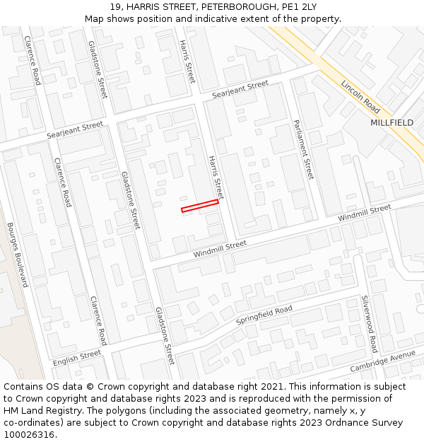 19, HARRIS STREET, PETERBOROUGH, PE1 2LY: Location map and indicative extent of plot
