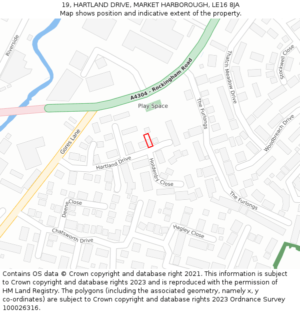19, HARTLAND DRIVE, MARKET HARBOROUGH, LE16 8JA: Location map and indicative extent of plot