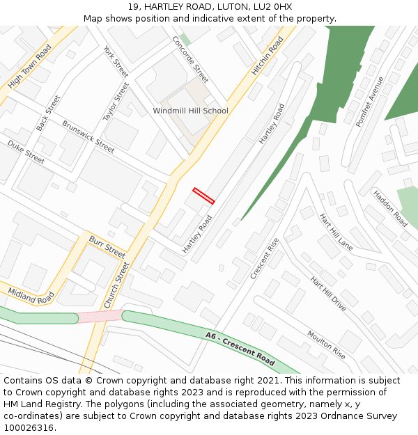19, HARTLEY ROAD, LUTON, LU2 0HX: Location map and indicative extent of plot