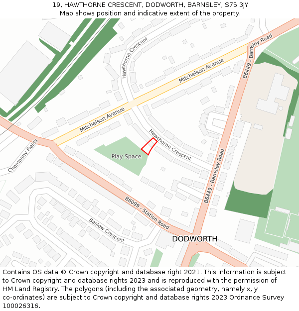 19, HAWTHORNE CRESCENT, DODWORTH, BARNSLEY, S75 3JY: Location map and indicative extent of plot