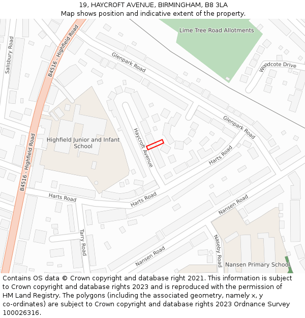 19, HAYCROFT AVENUE, BIRMINGHAM, B8 3LA: Location map and indicative extent of plot