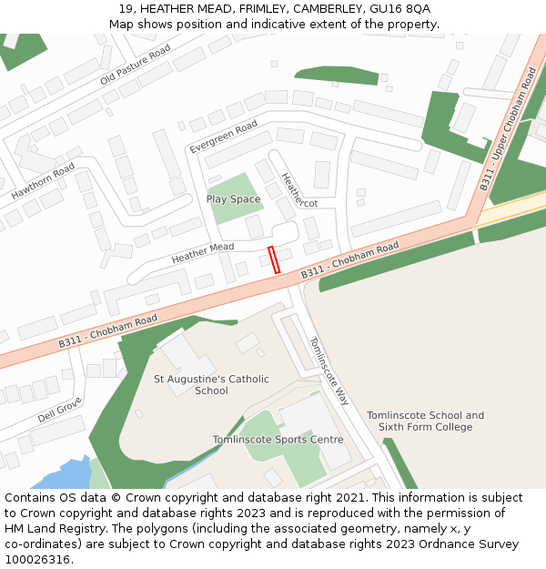 19, HEATHER MEAD, FRIMLEY, CAMBERLEY, GU16 8QA: Location map and indicative extent of plot