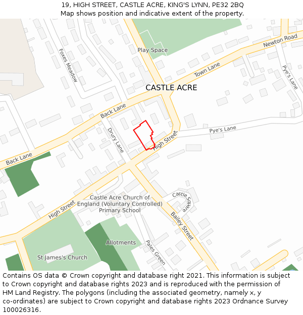 19, HIGH STREET, CASTLE ACRE, KING'S LYNN, PE32 2BQ: Location map and indicative extent of plot