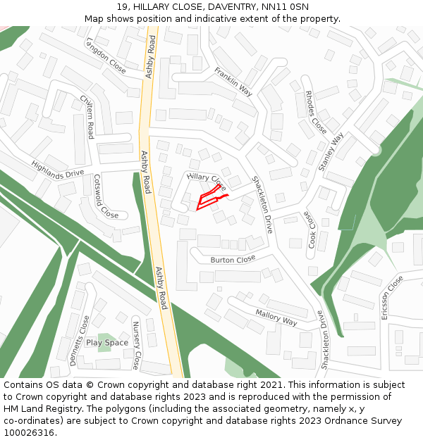 19, HILLARY CLOSE, DAVENTRY, NN11 0SN: Location map and indicative extent of plot