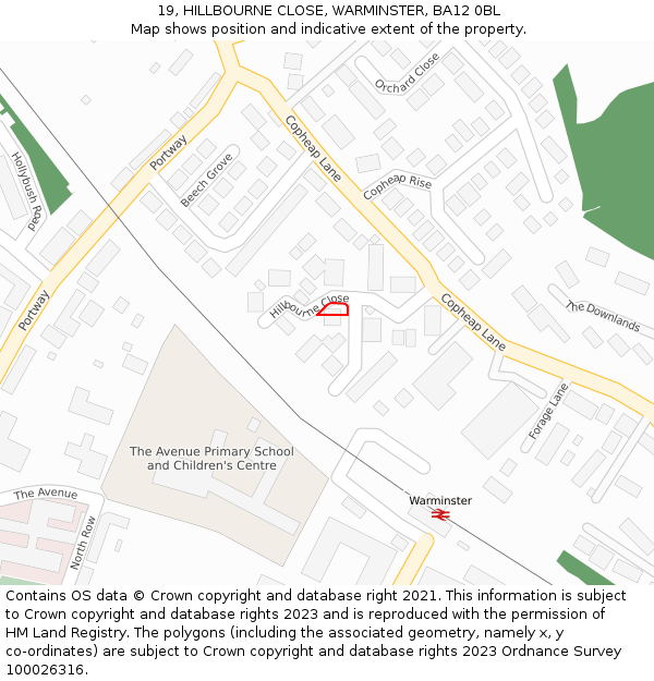 19, HILLBOURNE CLOSE, WARMINSTER, BA12 0BL: Location map and indicative extent of plot