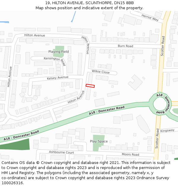 19, HILTON AVENUE, SCUNTHORPE, DN15 8BB: Location map and indicative extent of plot