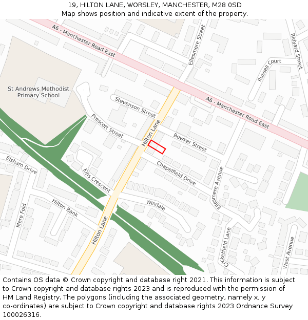 19, HILTON LANE, WORSLEY, MANCHESTER, M28 0SD: Location map and indicative extent of plot