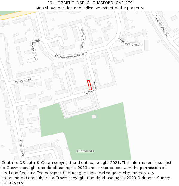 19, HOBART CLOSE, CHELMSFORD, CM1 2ES: Location map and indicative extent of plot