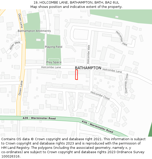 19, HOLCOMBE LANE, BATHAMPTON, BATH, BA2 6UL: Location map and indicative extent of plot