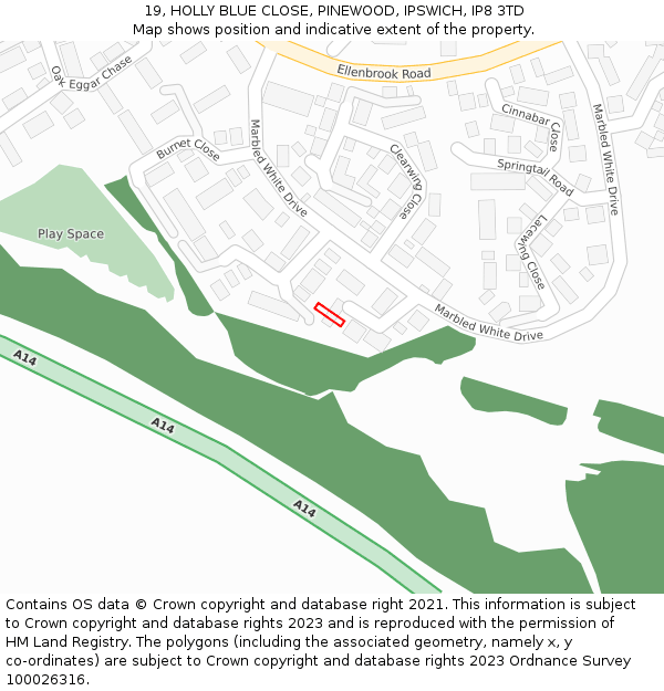 19, HOLLY BLUE CLOSE, PINEWOOD, IPSWICH, IP8 3TD: Location map and indicative extent of plot
