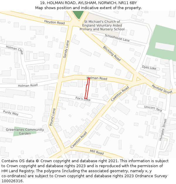 19, HOLMAN ROAD, AYLSHAM, NORWICH, NR11 6BY: Location map and indicative extent of plot