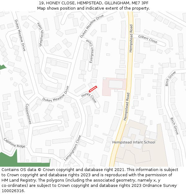19, HONEY CLOSE, HEMPSTEAD, GILLINGHAM, ME7 3PF: Location map and indicative extent of plot