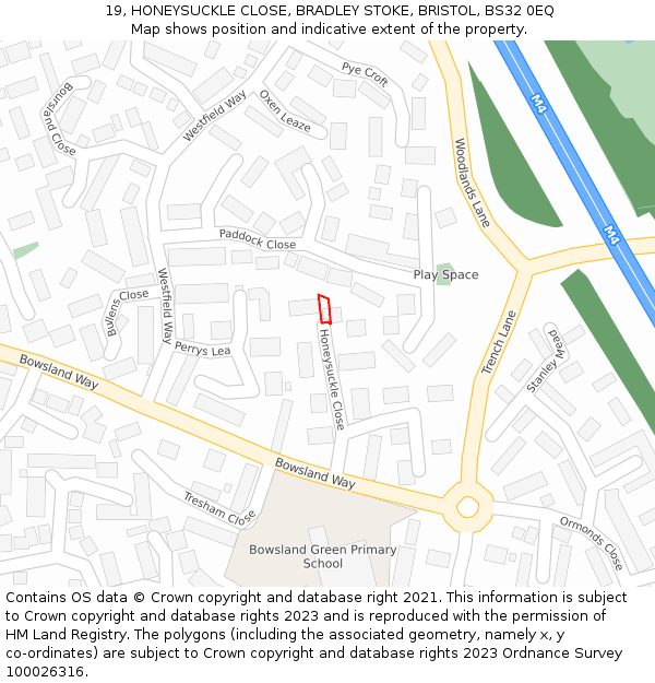 19, HONEYSUCKLE CLOSE, BRADLEY STOKE, BRISTOL, BS32 0EQ: Location map and indicative extent of plot