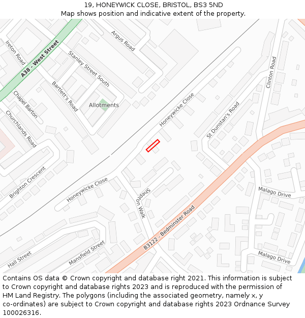 19, HONEYWICK CLOSE, BRISTOL, BS3 5ND: Location map and indicative extent of plot