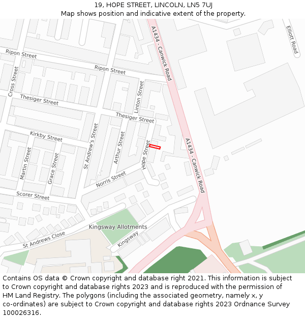 19, HOPE STREET, LINCOLN, LN5 7UJ: Location map and indicative extent of plot