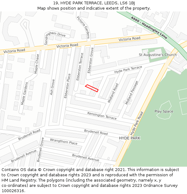 19, HYDE PARK TERRACE, LEEDS, LS6 1BJ: Location map and indicative extent of plot