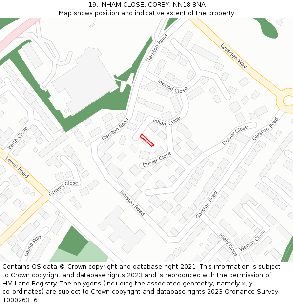 19, INHAM CLOSE, CORBY, NN18 8NA: Location map and indicative extent of plot