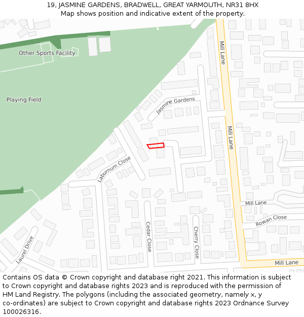 19, JASMINE GARDENS, BRADWELL, GREAT YARMOUTH, NR31 8HX: Location map and indicative extent of plot