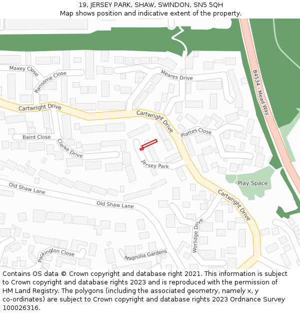 19, JERSEY PARK, SHAW, SWINDON, SN5 5QH: Location map and indicative extent of plot