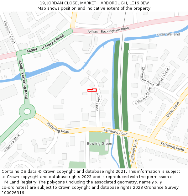 19, JORDAN CLOSE, MARKET HARBOROUGH, LE16 8EW: Location map and indicative extent of plot