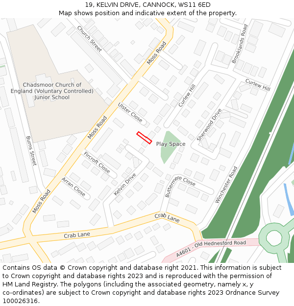 19, KELVIN DRIVE, CANNOCK, WS11 6ED: Location map and indicative extent of plot