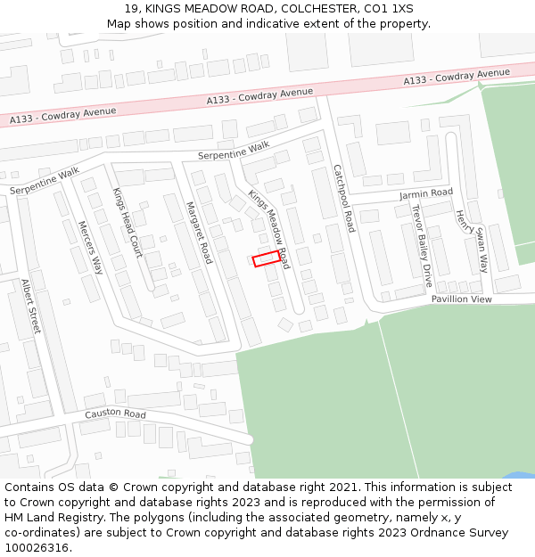 19, KINGS MEADOW ROAD, COLCHESTER, CO1 1XS: Location map and indicative extent of plot