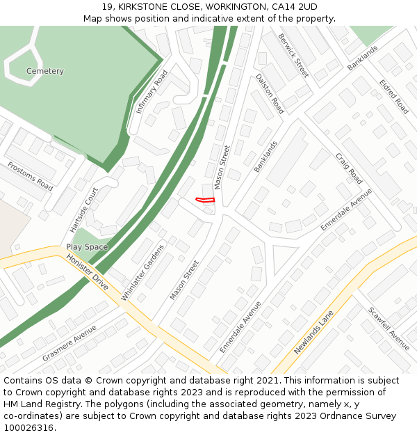 19, KIRKSTONE CLOSE, WORKINGTON, CA14 2UD: Location map and indicative extent of plot