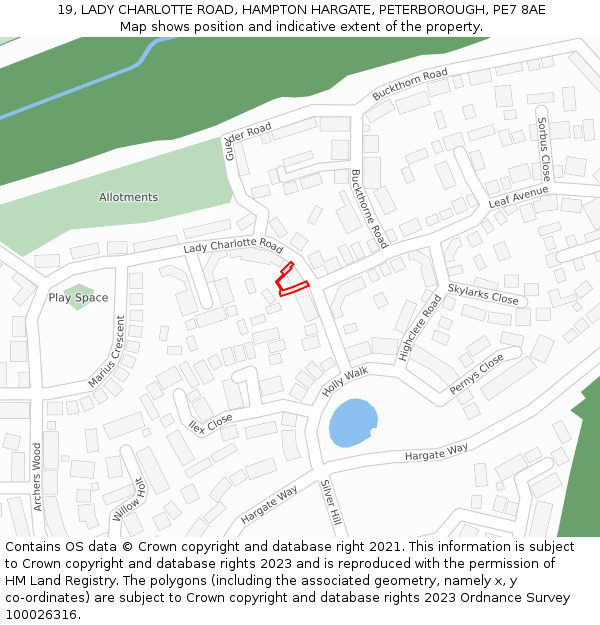 19, LADY CHARLOTTE ROAD, HAMPTON HARGATE, PETERBOROUGH, PE7 8AE: Location map and indicative extent of plot