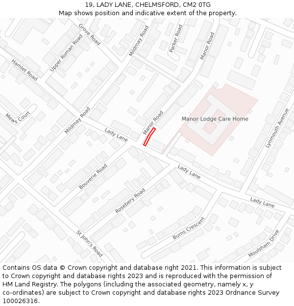 19, LADY LANE, CHELMSFORD, CM2 0TG: Location map and indicative extent of plot