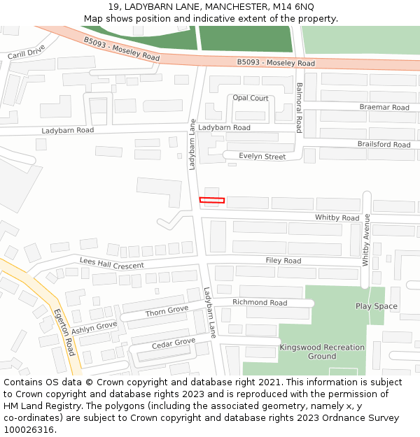 19, LADYBARN LANE, MANCHESTER, M14 6NQ: Location map and indicative extent of plot