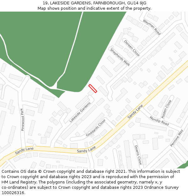 19, LAKESIDE GARDENS, FARNBOROUGH, GU14 9JG: Location map and indicative extent of plot