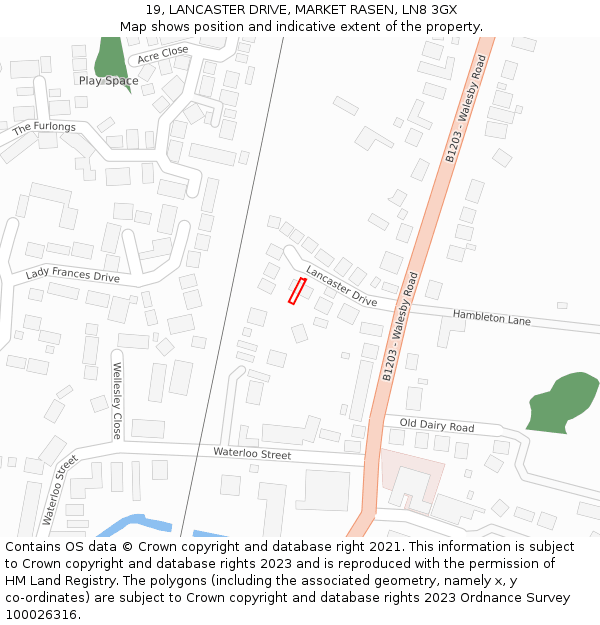 19, LANCASTER DRIVE, MARKET RASEN, LN8 3GX: Location map and indicative extent of plot