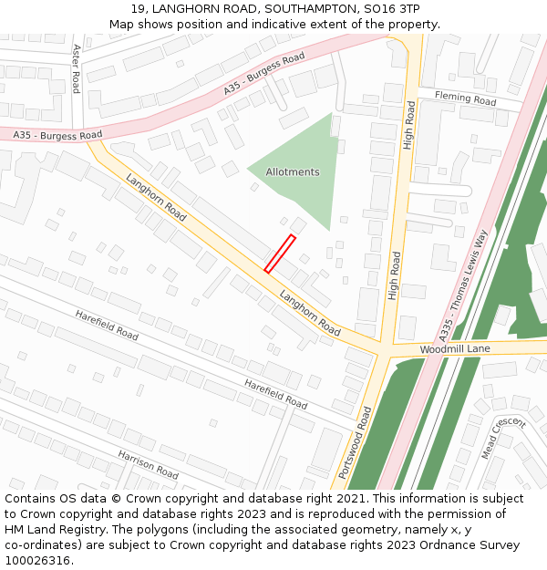 19, LANGHORN ROAD, SOUTHAMPTON, SO16 3TP: Location map and indicative extent of plot