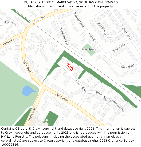 19, LARKSPUR DRIVE, MARCHWOOD, SOUTHAMPTON, SO40 4JX: Location map and indicative extent of plot