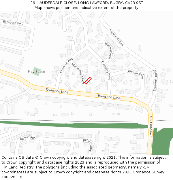 19, LAUDERDALE CLOSE, LONG LAWFORD, RUGBY, CV23 9ST: Location map and indicative extent of plot