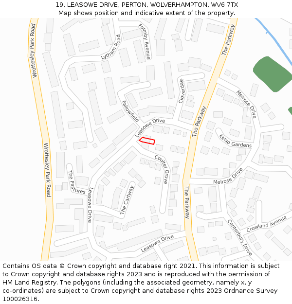 19, LEASOWE DRIVE, PERTON, WOLVERHAMPTON, WV6 7TX: Location map and indicative extent of plot