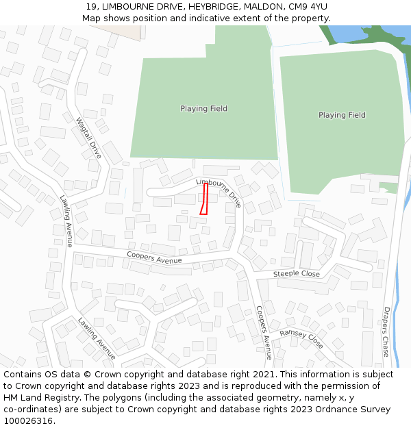 19, LIMBOURNE DRIVE, HEYBRIDGE, MALDON, CM9 4YU: Location map and indicative extent of plot