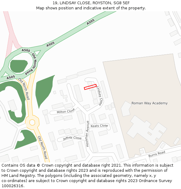 19, LINDSAY CLOSE, ROYSTON, SG8 5EF: Location map and indicative extent of plot
