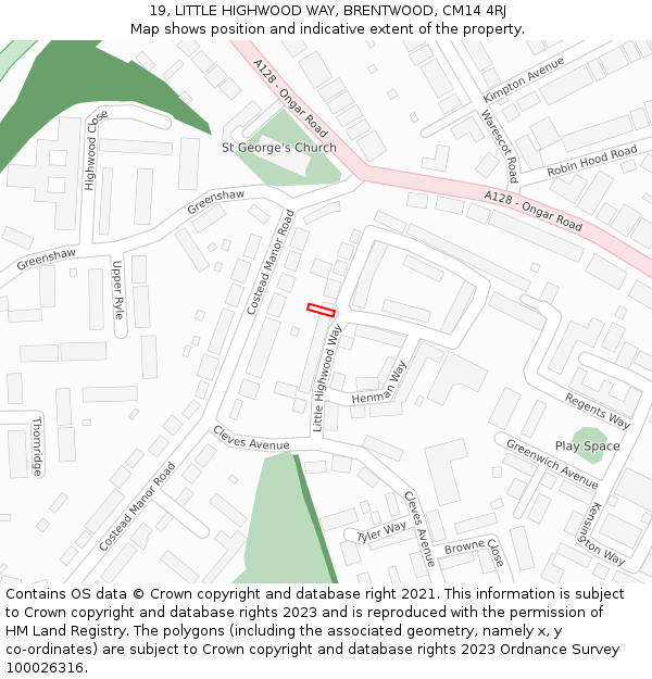 19, LITTLE HIGHWOOD WAY, BRENTWOOD, CM14 4RJ: Location map and indicative extent of plot