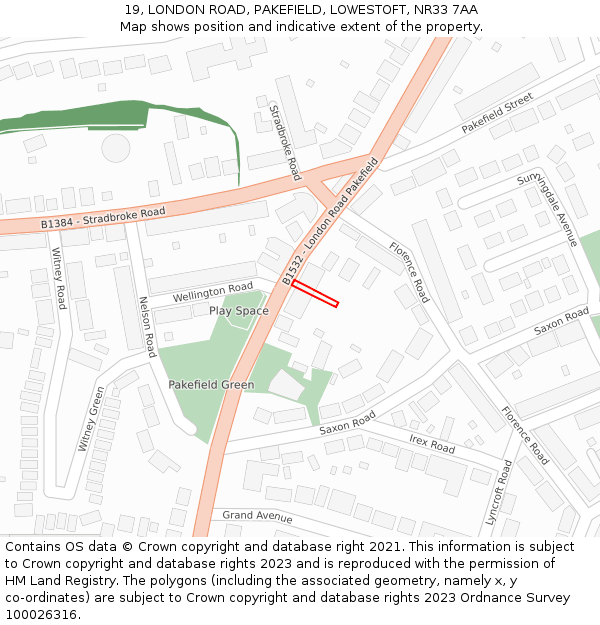 19, LONDON ROAD, PAKEFIELD, LOWESTOFT, NR33 7AA: Location map and indicative extent of plot